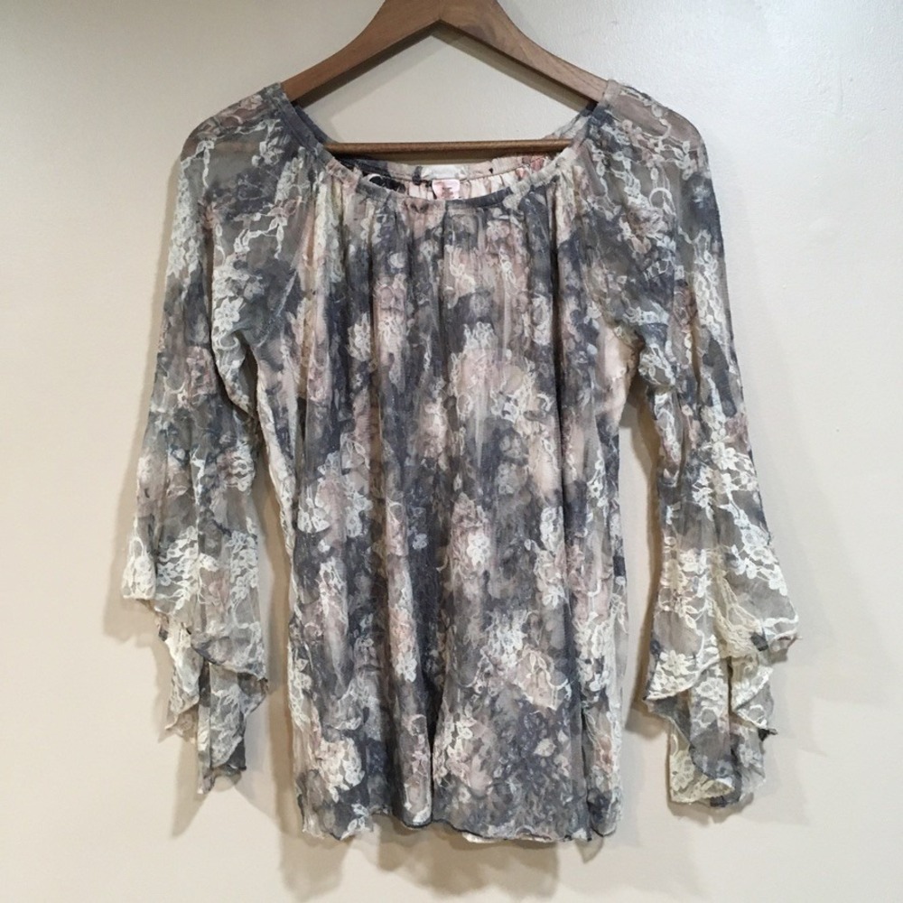 Sheer Floral Bell Sleeve Top Womens M Black Cream Forest Fairy Grunge Whimsigoth